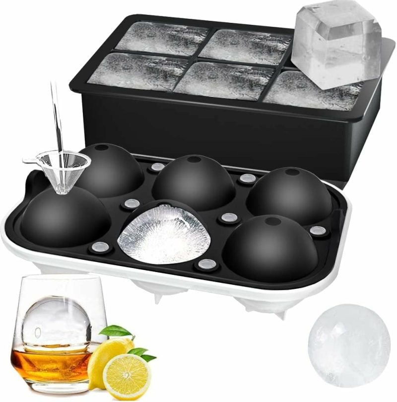 Kitchen Utensils & Gadgets |  (Set Of 2), Sphere Ice Ball Maker With Lid & Large Square Ice Cube Maker Home Decor & Cleaning black