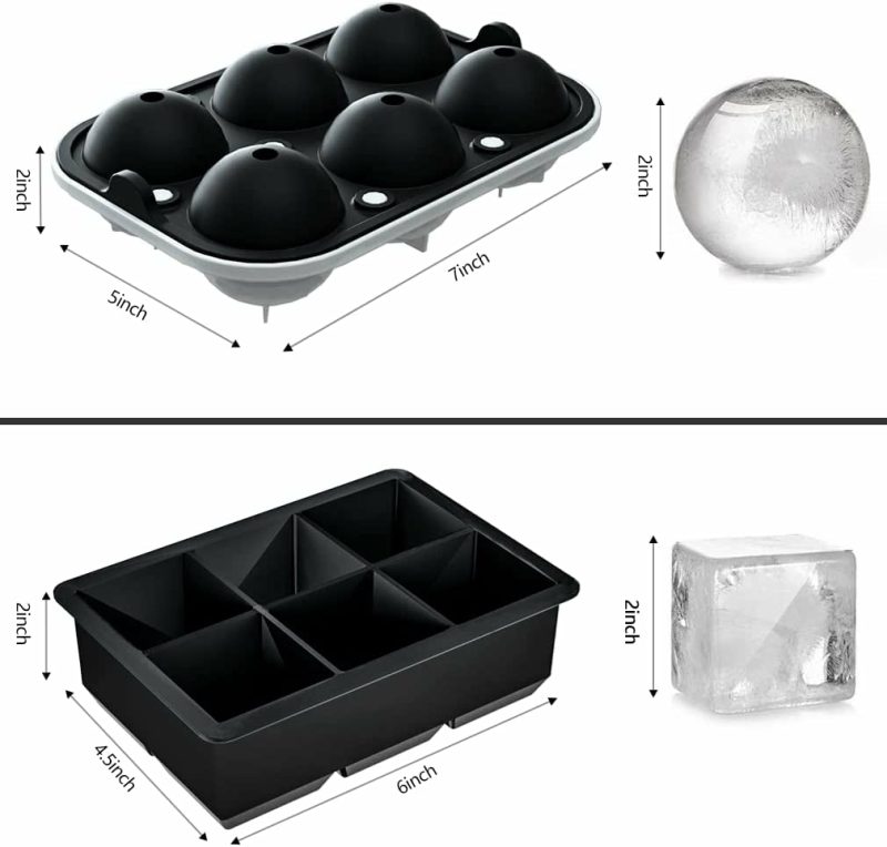 Kitchen Utensils & Gadgets |  (Set Of 2), Sphere Ice Ball Maker With Lid & Large Square Ice Cube Maker Home Decor & Cleaning black