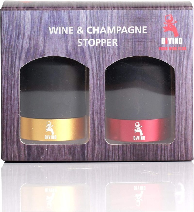 Kitchen Utensils & Gadgets |  Wine And Champagne Stopper With Aluminium Ring, Professional Bottle Sealer For Wine, Champagne, Cava, Prosecco & Sparkling Wine, Saver Plug, Compact Bottle Plug Set Of 2 (Gold & Red, Champagne & Wine) Home Decor & Cleaning DiVino