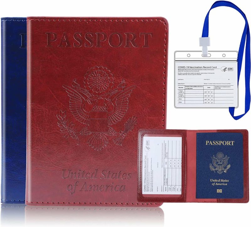 Luggage |  2 Pack Leather Passport And Vaccine Card Holder Combo Luggage Black & Dark blue