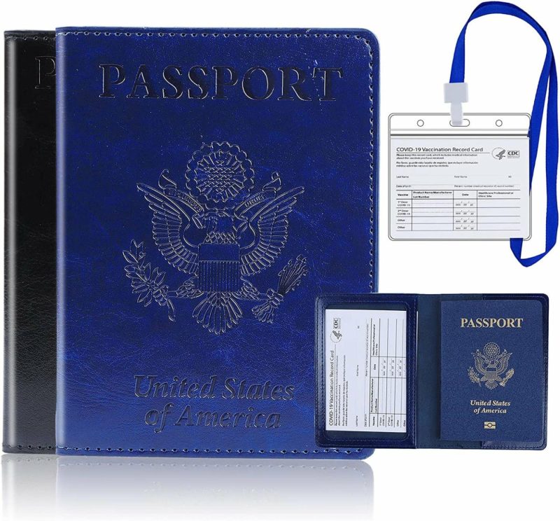 Luggage |  2 Pack Leather Passport And Vaccine Card Holder Combo Luggage Black & Dark blue