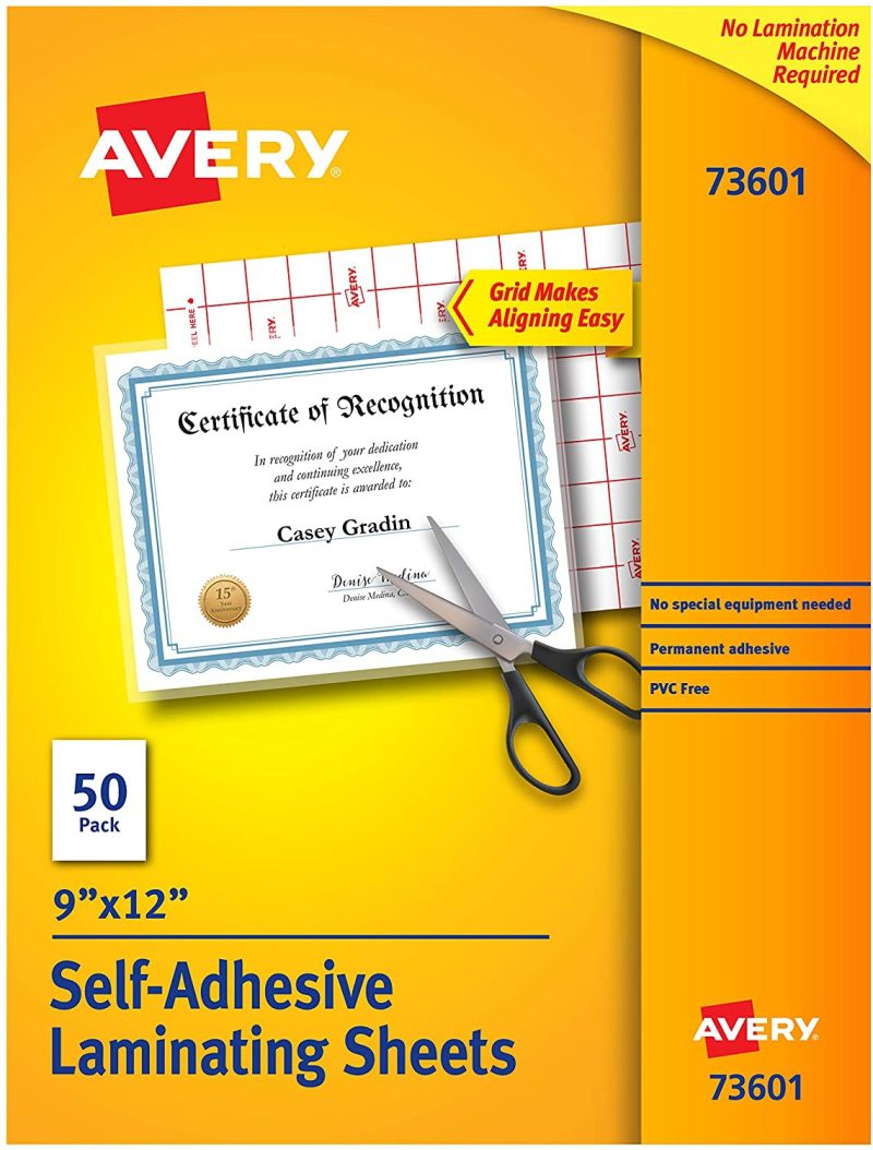 Office Electronics |  Avery Clear Laminating Sheets, 9" X 12", Permanent Self-Adhesive, 50 Sheets (73601) Home Office Products AVERY