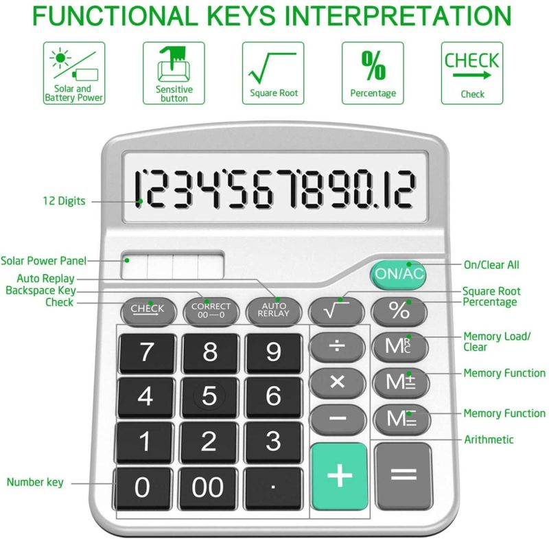 Office Electronics |  Calculator, Splaks Standard Functional Desktop Calculator Solar And Aa Battery Dual Power Electronic Calculator With 12-Digit Large Display (2 Updated Silver) Home Office Products Office Electronics