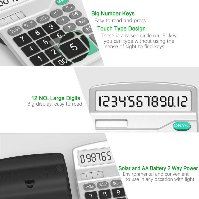 Office Electronics |  Calculator, Splaks Standard Functional Desktop Calculator Solar And Aa Battery Dual Power Electronic Calculator With 12-Digit Large Display (2 Updated Silver) Home Office Products Office Electronics