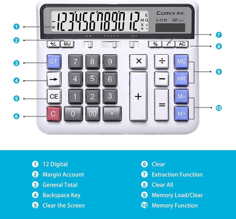 Office Electronics |  Comix Desktop Calculator Solar Battery Dual Power With 12-Digit Large Lcd Display And Large Computer Keys Office Calculator For Home Office School Education & Crafts Comix