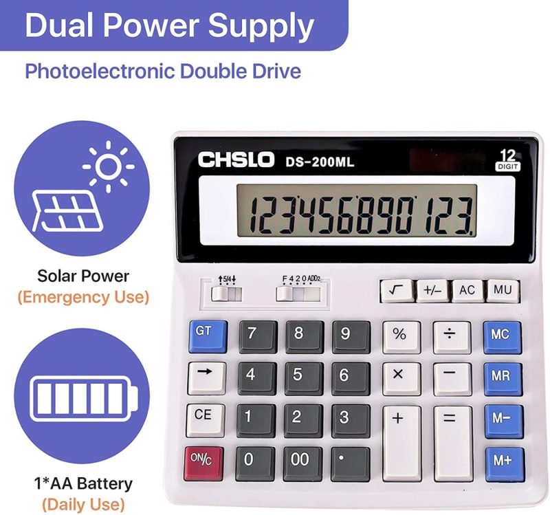 Office Electronics |  Jawoo Desk Calculator, 12 Digit Desktop Basic Jumbo Adding Machine Accounting Simple Calculators With Large Display Big Button, Solar And Battery Dual Power For Office, Home, School (Ds-200Ml) Education & Crafts DM-1200V-Silver