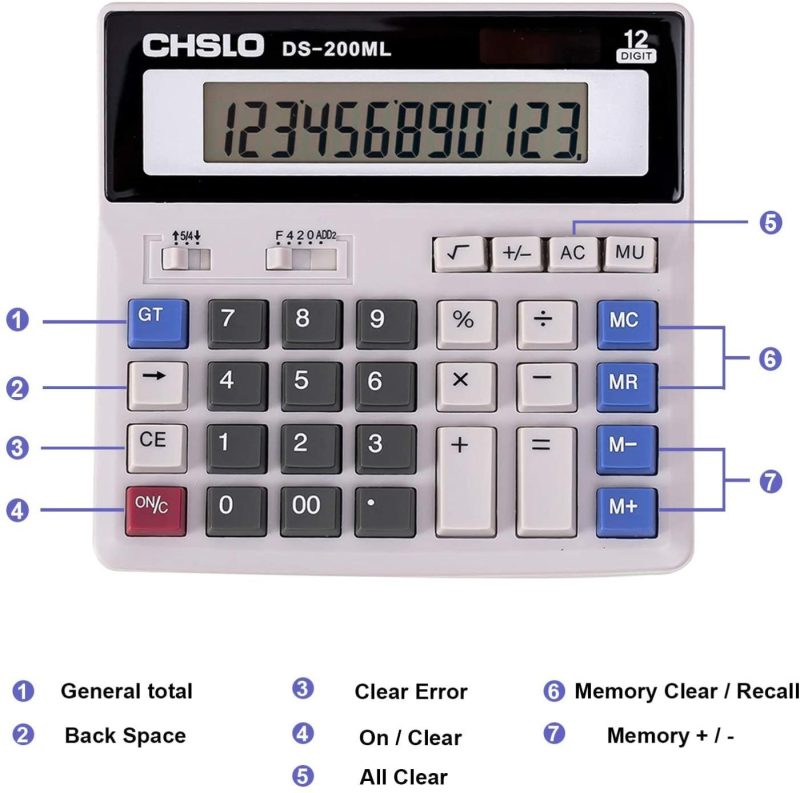 Office Electronics |  Jawoo Desk Calculator, 12 Digit Desktop Basic Jumbo Adding Machine Accounting Simple Calculators With Large Display Big Button, Solar And Battery Dual Power For Office, Home, School (Ds-200Ml) Education & Crafts DM-1200V-Silver