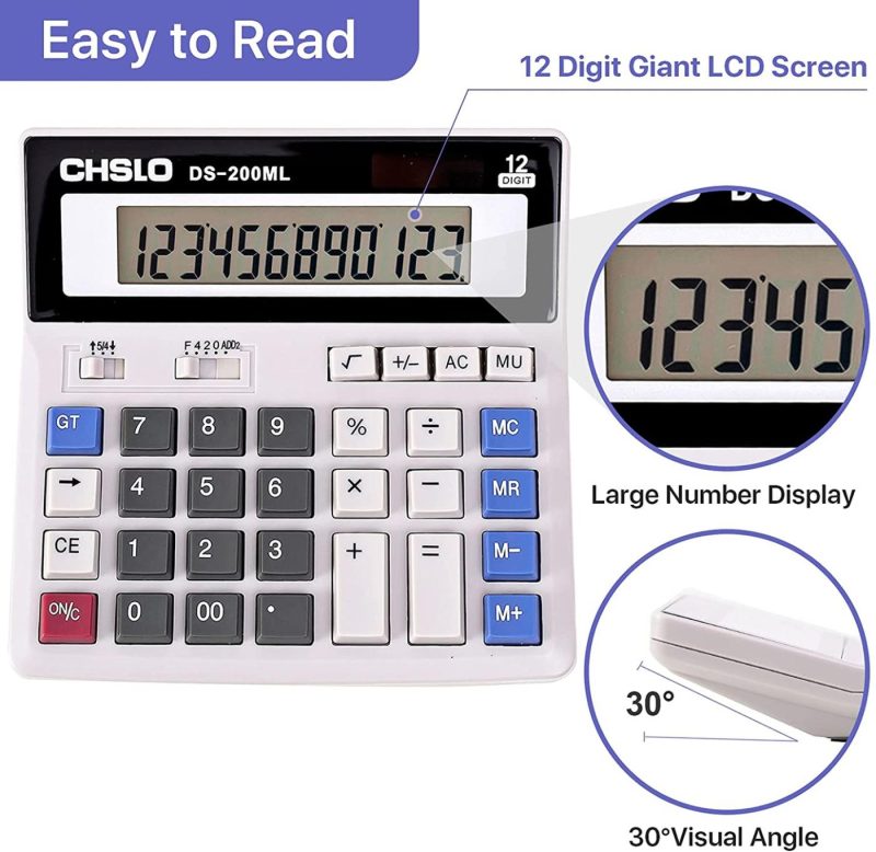 Office Electronics |  Jawoo Desk Calculator, 12 Digit Desktop Basic Jumbo Adding Machine Accounting Simple Calculators With Large Display Big Button, Solar And Battery Dual Power For Office, Home, School (Ds-200Ml) Education & Crafts DM-1200V-Silver