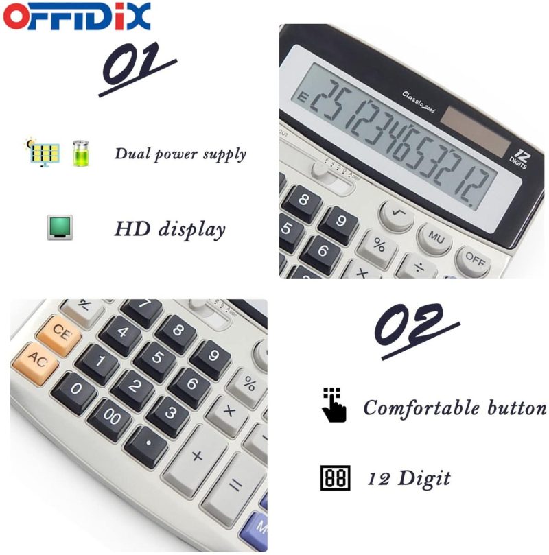 Office Electronics |  Offidix Office Calculators Desktop Calculator,Basic Calculators, Solar Battery Dual Power Electronic Calculator Portable 12 Digit Large Lcd Display Calculator Large Calculator Education & Crafts black