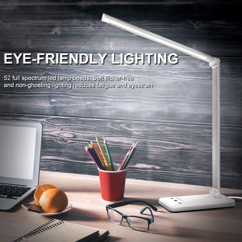 Office Lighting |  Led Desk Lamp, Eye-Caring Table Lamps, Natural Light Protects Eyes, 5 Modes, 10 Brightness Levels, Touch Control, Adjustable Table Lamp With Usb Charging Port, Auto Timer 30 / 60Min, White Home Office Products Office Lighting