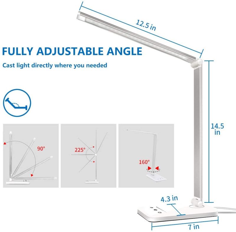 Office Lighting |  Led Desk Lamp, Eye-Caring Table Lamps, Natural Light Protects Eyes, 5 Modes, 10 Brightness Levels, Touch Control, Adjustable Table Lamp With Usb Charging Port, Auto Timer 30 / 60Min, White Home Office Products Office Lighting