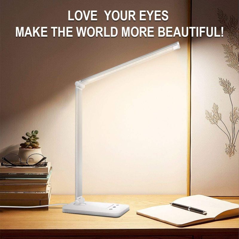 Office Lighting |  Led Desk Lamp, Eye-Caring Table Lamps, Natural Light Protects Eyes, 5 Modes, 10 Brightness Levels, Touch Control, Adjustable Table Lamp With Usb Charging Port, Auto Timer 30 / 60Min, White Home Office Products Office Lighting