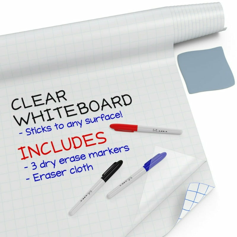 Office Supplies |  Kassa Clear Dry Erase Board Sticker – 1.4 X 6.5 Ft – Bonus: 3 Dry-Erase Markers Included – Transparent Adhesive White Board Film For Refrigerator, Desk, Office – Glass Dry Erase Board Alternative Education & Crafts Clear