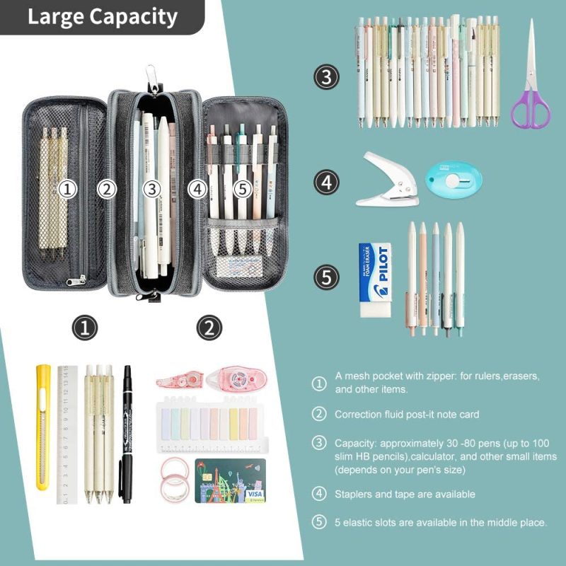 Organization & Storage |  Large Pencil Case Big Capacity Pencil Bag Large Storage Pouch 3 Compartments Desk Organizer Marker Pen Case Simple Stationery Bag Pencil Holder Arts, Crafts & Sewing Black Pink