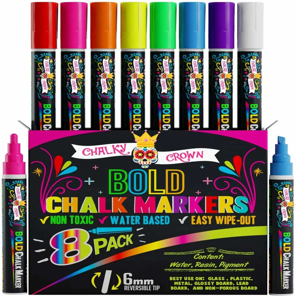 Painting, Drawing & Art Supplies |  Chalky Crown Bold Chalk Markers – Dry Erase Marker Pens – Reversible Tip (8 Per Pack) – (Multi-Colored, 6 Mm) Arts, Crafts & Sewing Crafty Crown