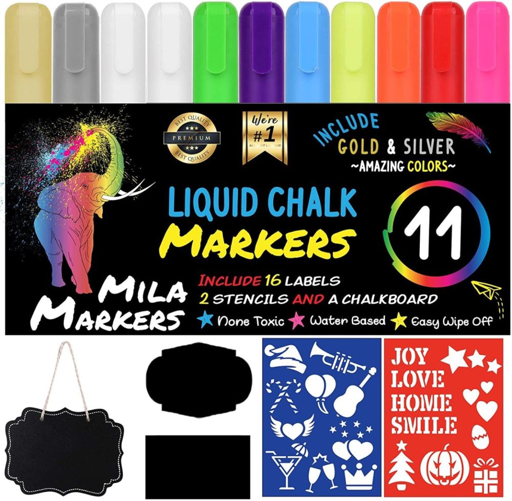 Painting, Drawing & Art Supplies |  Markers Chalk Marker Set – 11 Liquid Chalkboard Pens, 16 Labels And Bonus Board, Washable, Erasable Chalk Paint For Crafts (Metallic/Neon Pens) Arts, Crafts & Sewing MILA MARKERS