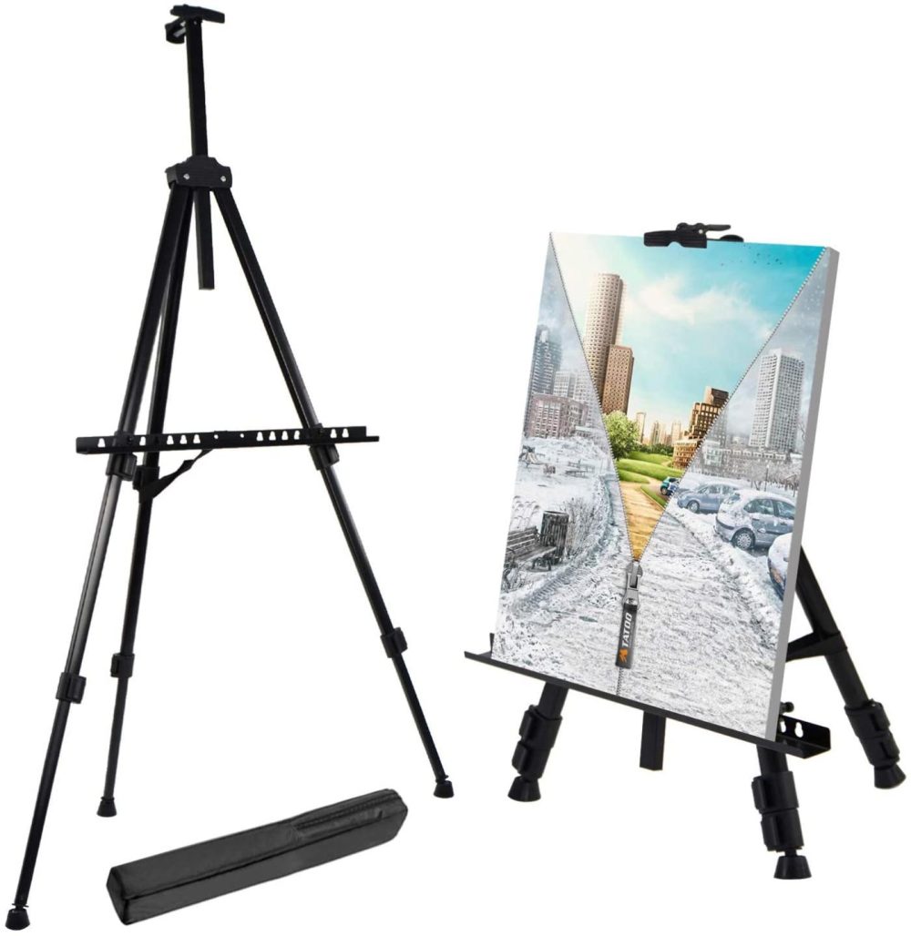 Painting, Drawing & Art Supplies |  Reinforced Artist Easel Stand, Extra Thick Aluminum Metal Tripod Display Easel 21" To 66" Adjustable Height With Portable Bag For Floor Arts, Crafts & Sewing black