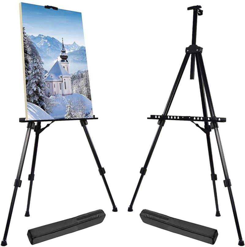 Painting, Drawing & Art Supplies |  Reinforced Artist Easel Stand, Extra Thick Aluminum Metal Tripod Display Easel 21" To 66" Adjustable Height With Portable Bag For Floor Arts, Crafts & Sewing black