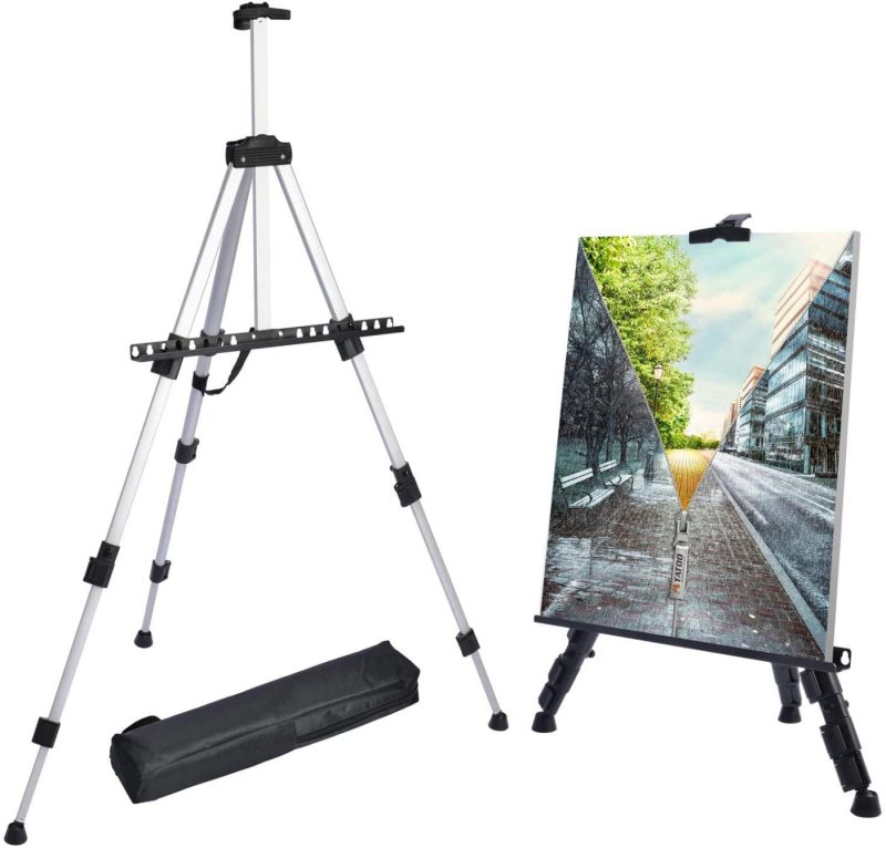 Painting, Drawing & Art Supplies |  Reinforced Artist Easel Stand, Extra Thick Aluminum Metal Tripod Display Easel 21" To 66" Adjustable Height With Portable Bag For Floor Arts, Crafts & Sewing black