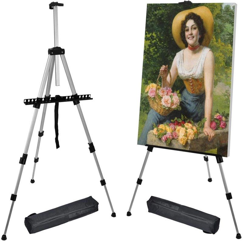 Painting, Drawing & Art Supplies |  Reinforced Artist Easel Stand, Extra Thick Aluminum Metal Tripod Display Easel 21" To 66" Adjustable Height With Portable Bag For Floor Arts, Crafts & Sewing black