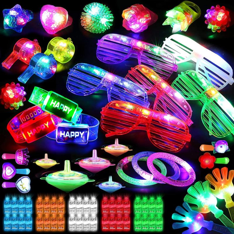 Party Supplies |  82Pcs Led Light Up Toy Bulk Party Favors, Glow In The Dark Party Supplies For Boy Girl With 50 Finger Light,6 Jelly Ring, 6 Glasses,5 Spinning Top, 3 Bracelet,3 Hairpin, 3 Whistle, 3 Hand Clap,3 Watch Arts, Crafts & Sewing Laxdacee