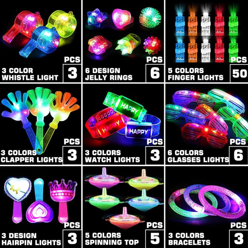 Party Supplies |  82Pcs Led Light Up Toy Bulk Party Favors, Glow In The Dark Party Supplies For Boy Girl With 50 Finger Light,6 Jelly Ring, 6 Glasses,5 Spinning Top, 3 Bracelet,3 Hairpin, 3 Whistle, 3 Hand Clap,3 Watch Arts, Crafts & Sewing Laxdacee