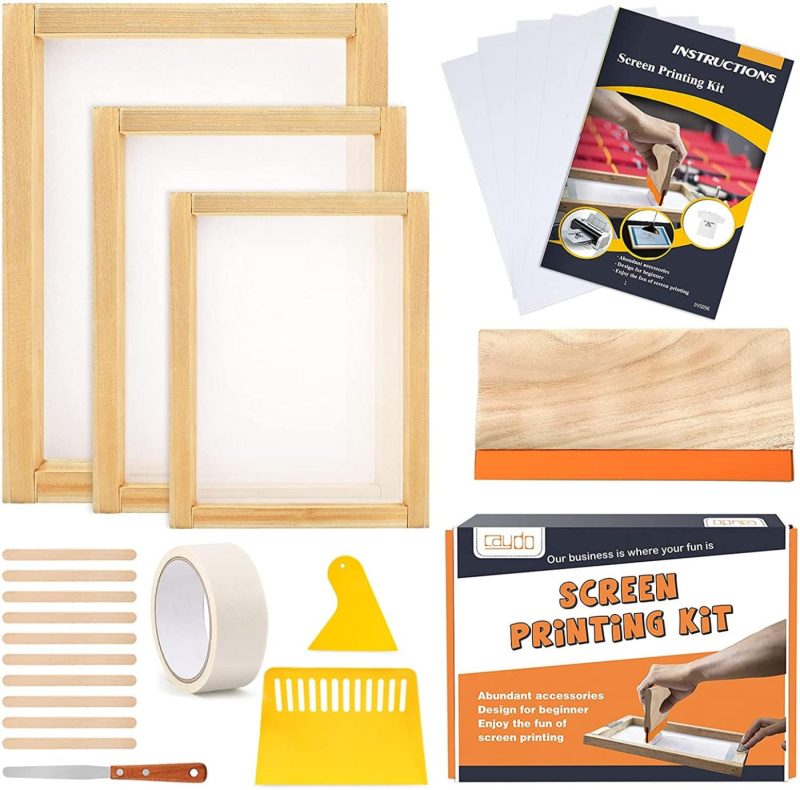 Printmaking |  Caydo 23 Pieces Screen Printing Starter Kit Include 3 Different Size Of Wood Silk Screen Printing Frame With Mesh, Screen Printing Squeegees, Inkjet Transparency Film, Ink Knife, And Mask Tape Arts, Crafts & Sewing Caydo