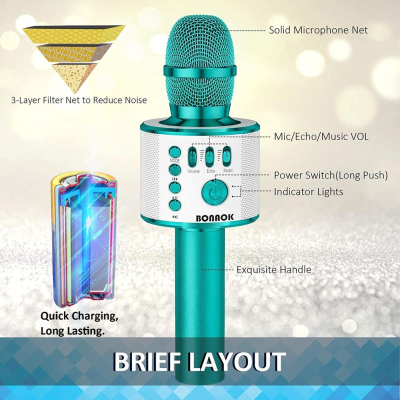 Recording Equipment |  Bonaok Karaoke Microphone Bluetooth Wireless, Portable Karaoke Machine Mic Speaker For Kids And Adults Home Party Birthday(Ice Blue) Musical Instruments BONAOK