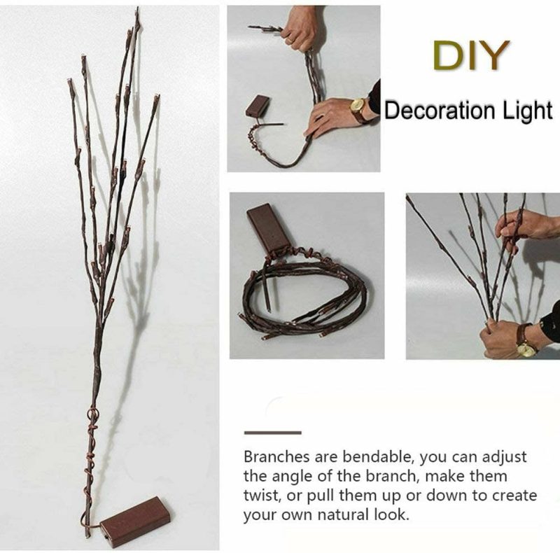 Seasonal Décor |  2 Pack Led Branch Light Battery Operated Lighted Branch Vase Filler Willow Tree Artificial Little Twig Power Brown 30 Inch 20 Led For Home Romantic Decoration Home Decor & Cleaning Colour