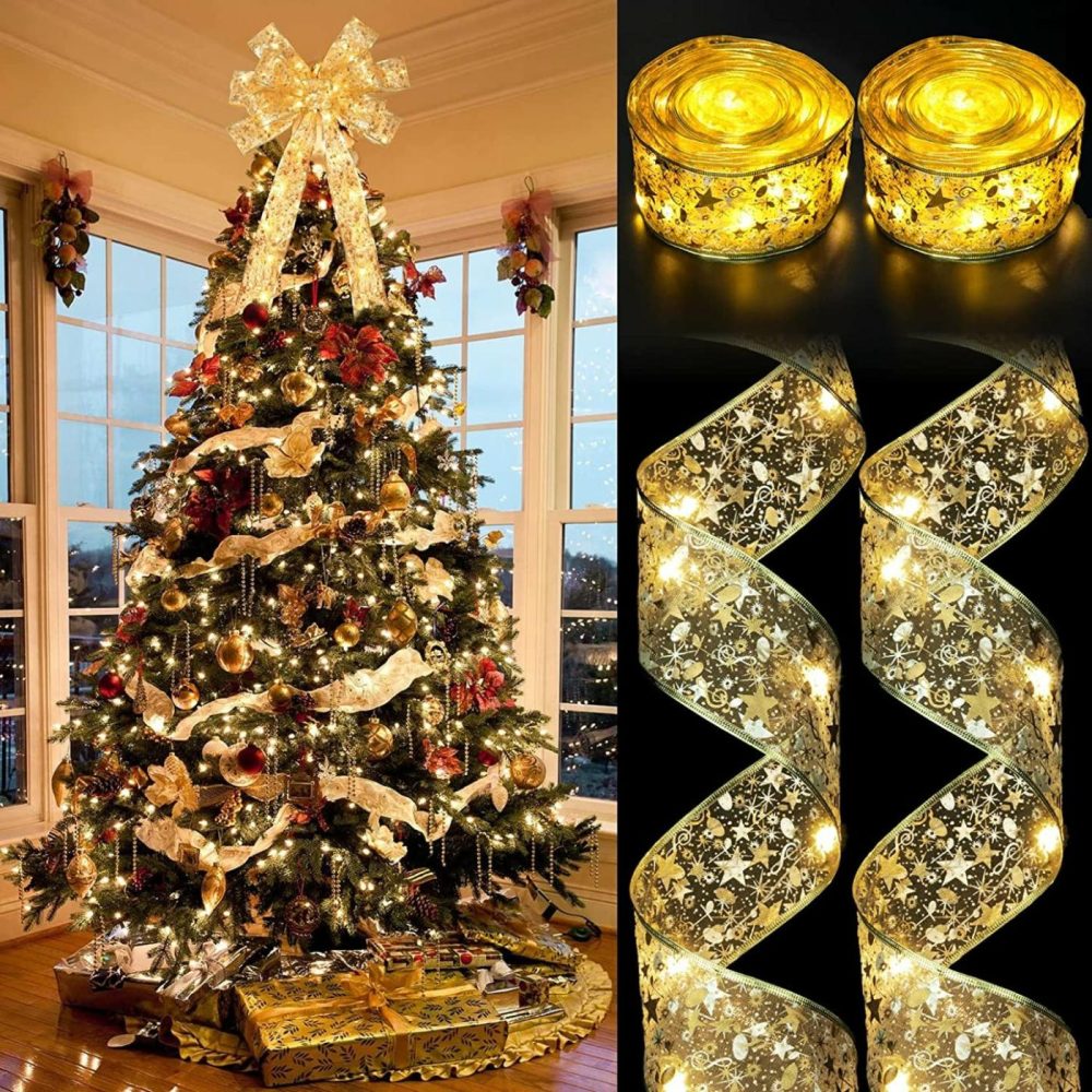 Seasonal Décor |  40Ft 120 Led Christmas Ribbon Lights, Gold Christmas Decorations Fairy Lights Wider Double Layer Ribbon Bows Battery Operated Copper Wire Strings Lights For New Year Party Christmas Tree Decor Home Decor & Cleaning CandyHome