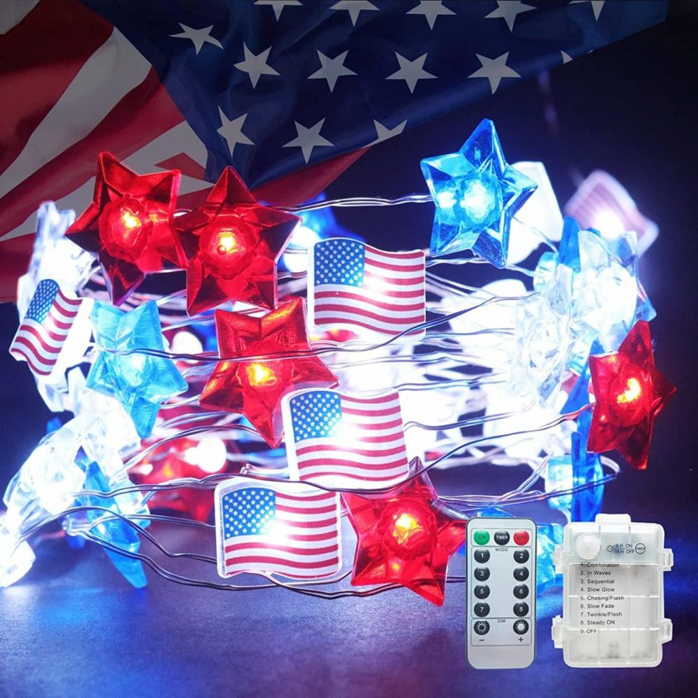 Seasonal Décor |  4Th Of July Decorations – 16.4Ft 50 Led Memorial Day Patriotic Decorations String Lights, Star Red White And Blue Lights With American Flag, Independence Day Decoration For Home Indoor Outdoor Home Decor & Cleaning Seasonal Décor