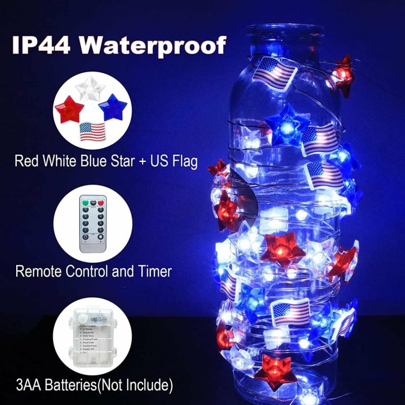 Seasonal Décor |  4Th Of July Decorations – 16.4Ft 50 Led Memorial Day Patriotic Decorations String Lights, Star Red White And Blue Lights With American Flag, Independence Day Decoration For Home Indoor Outdoor Home Decor & Cleaning Seasonal Décor