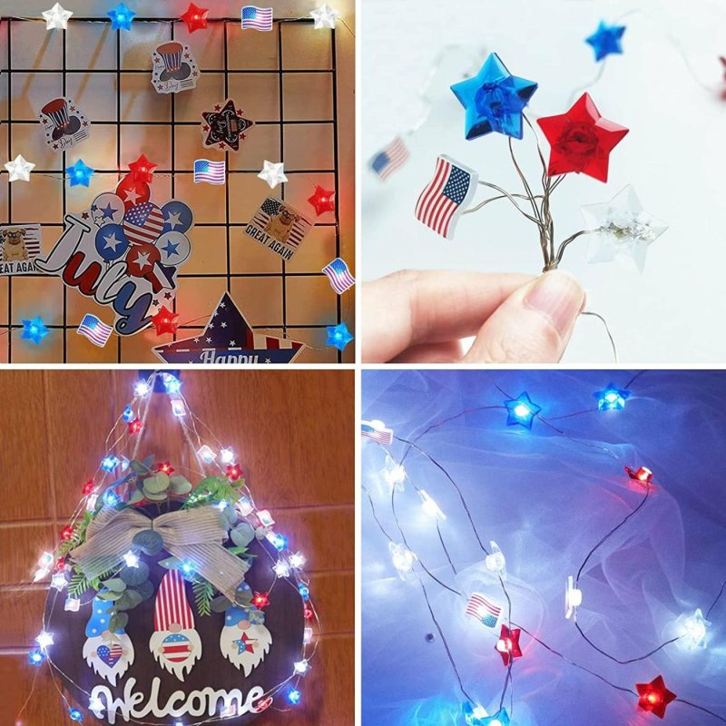 Seasonal Décor |  4Th Of July Decorations – 16.4Ft 50 Led Memorial Day Patriotic Decorations String Lights, Star Red White And Blue Lights With American Flag, Independence Day Decoration For Home Indoor Outdoor Home Decor & Cleaning Seasonal Décor