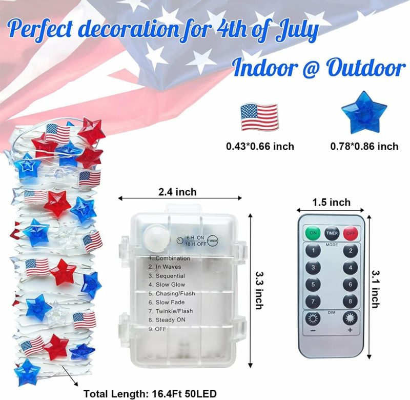 Seasonal Décor |  4Th Of July Decorations – 16.4Ft 50 Led Memorial Day Patriotic Decorations String Lights, Star Red White And Blue Lights With American Flag, Independence Day Decoration For Home Indoor Outdoor Home Decor & Cleaning Seasonal Décor