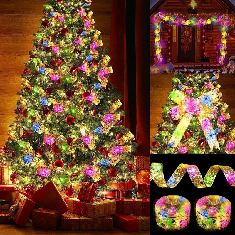 Seasonal Décor |  Christmas Ribbon Lights 13.2Ft 40 Led Lights Battery Powered Copper Wire Ribbon Bows String Lights For New Year Party Weddings Christmas Tree Decorations Home Decor & Cleaning AURUZA