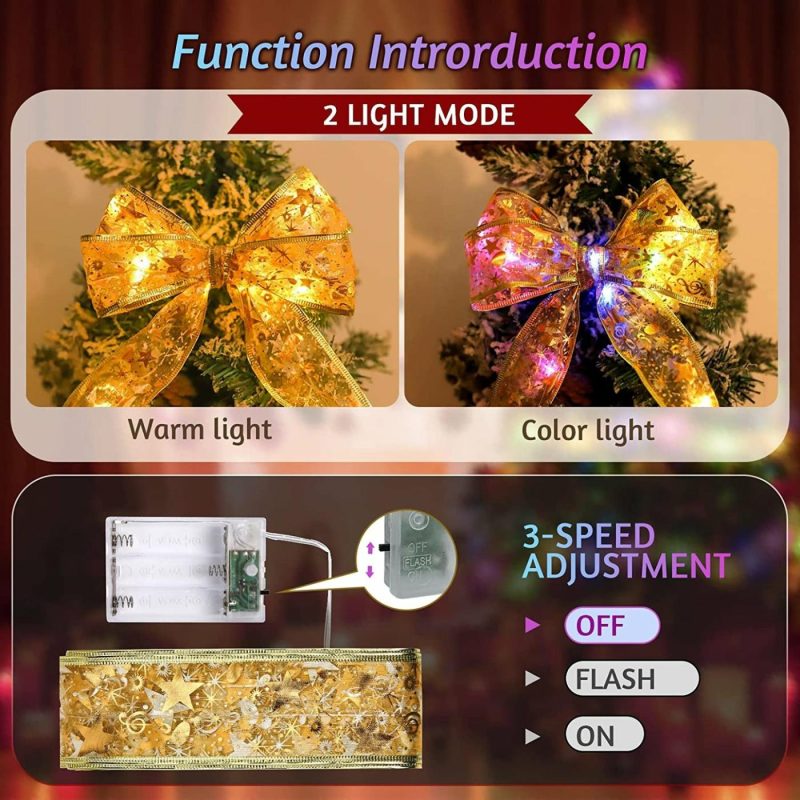 Seasonal Décor |  Christmas Ribbon Lights 13.2Ft 40 Led Lights Battery Powered Copper Wire Ribbon Bows String Lights For New Year Party Weddings Christmas Tree Decorations Home Decor & Cleaning AURUZA