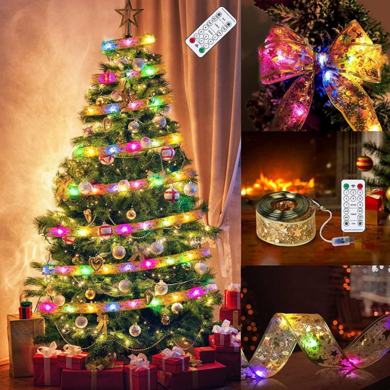 Seasonal Décor |  Christmas Ribbon Lights 13.2Ft 40 Led Lights Battery Powered Copper Wire Ribbon Bows String Lights For New Year Party Weddings Christmas Tree Decorations Home Decor & Cleaning AURUZA