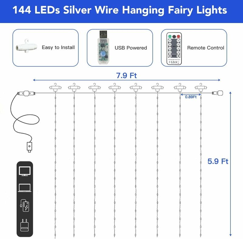 Seasonal Décor |  Curtain Lights String, 7.9X5.9Ft 144 Led Waterproof Hanging Fairy Lights, Usb-Powered Twinkle Lights With Remote For Bedroom/Wedding/Wall Decor, Blue Home Decor & Cleaning Seasonal Décor