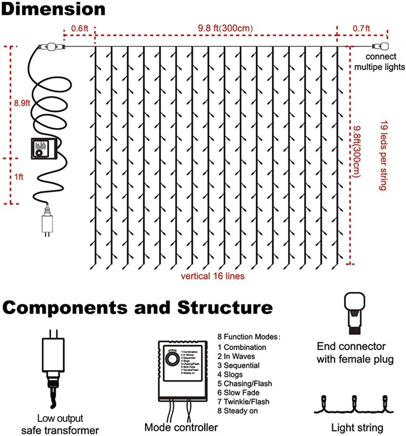 Seasonal Décor |  Maggift 304 Led Curtain String Lights, 9.8 X 9.8 Ft, 8 Modes Plug In Fairy String Light With Remote Control, Christmas, Backdrop For Indoor Outdoor Bedroom Window Wedding Party Decoration, Warm White Home Decor & Cleaning MAGGIFT