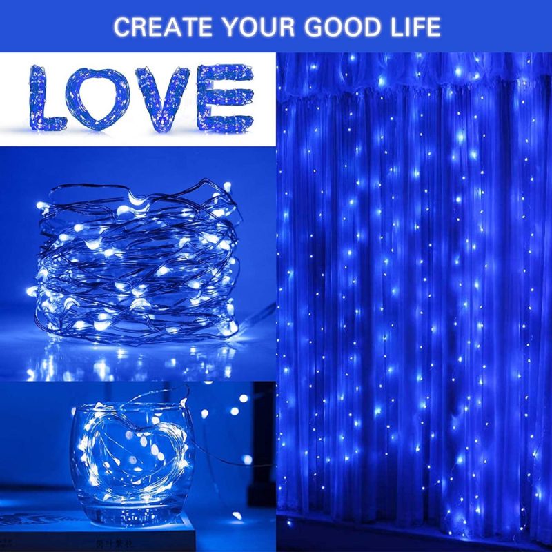 Seasonal Décor |  Sunnest Curtain String Light, 300 Led String Lights With 8 Lighting Modes, Usb Powered Dimmable Hanging Lights With Remote For Indoor/Outdoor Wall Decoration (9.8Ft X 9.8Ft) Home Decor & Cleaning Blue