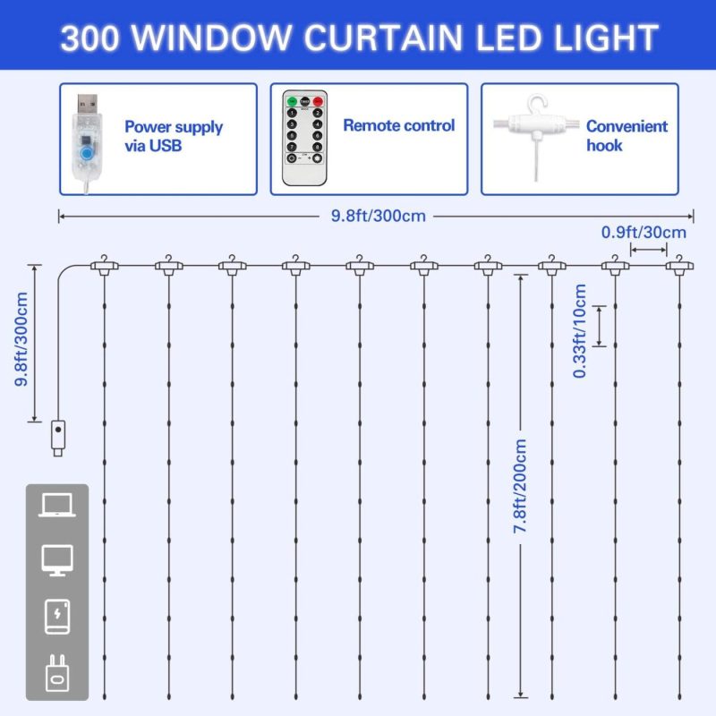 Seasonal Décor |  Sunnest Led Curtain Lights, Usb Curtain String Lights With 8 Lighting Modes, 300 Leds, 9.8Ft X 9.8Ft Wall Lights With Remote Control, Twinkle Lights For Bedroom Decoration (Red) Home Decor & Cleaning Red