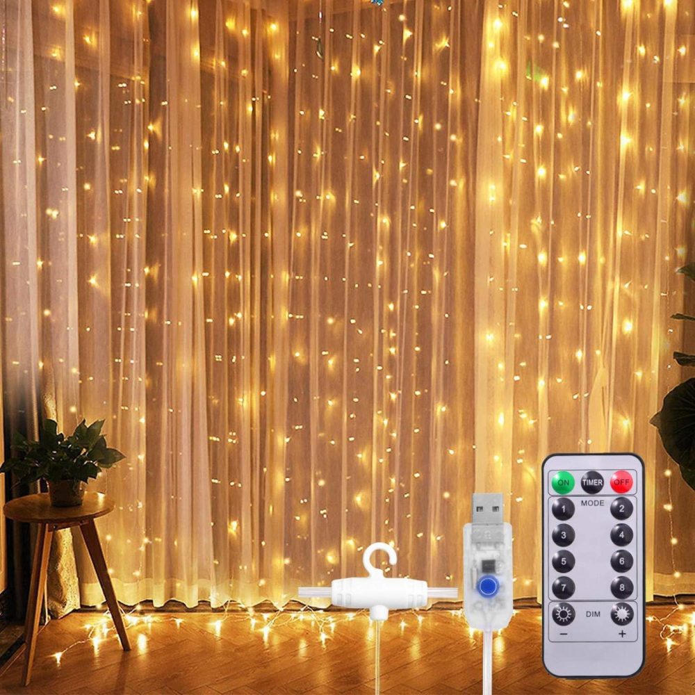 Seasonal Décor |  Sunnest Window Curtain String Light 300 Led 8 Lighting Modes Fairy Lights Remote Control Usb Powered Waterproof Lights For Christmas Bedroom Party Wedding Home Garden Wall Decorations,(Warm White) Home Decor & Cleaning Seasonal Décor