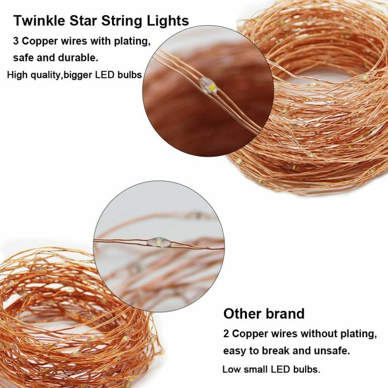 Seasonal Décor |  Twinkle Star 200 Led 66 Ft Copper Fairy String Lights 8 Modes Led, Usb Powered With Remote Control For Christmas Tree Wedding Party Home Decoration, Warm White Home Decor & Cleaning Clear Warm White