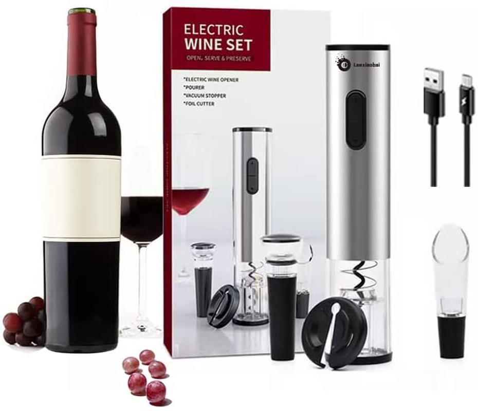 Small Appliances |  Electric Wine Opener， Stainless Steel Automatic Wine Opener Set With Wine Aerator Pourer &Foil Cutter&Vacuum Stoppers(4 Piece Gift Set) Home Decor & Cleaning Kitchen & Dining