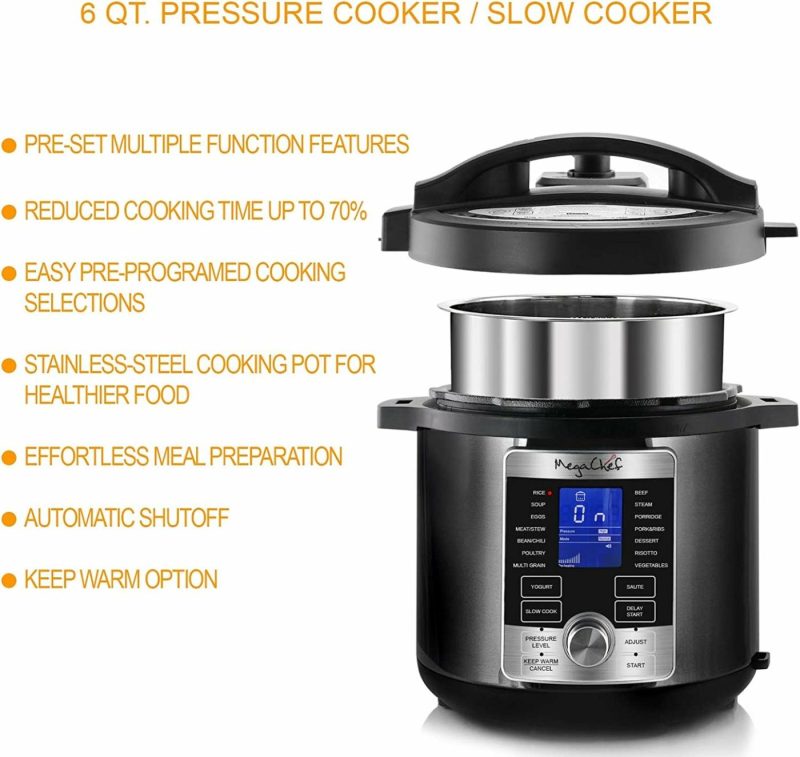 Small Appliances |  Megachef Electric Stainless Steel Brushed Digital Pressure Cooker With Lid, 6 Quart, Chrome And Black Home Decor & Cleaning Kitchen & Dining