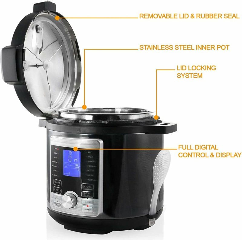 Small Appliances |  Megachef Electric Stainless Steel Brushed Digital Pressure Cooker With Lid, 6 Quart, Chrome And Black Home Decor & Cleaning Kitchen & Dining