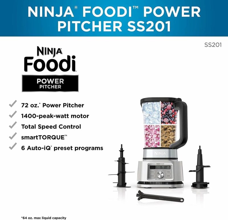 Small Appliances |  Ninja Ss201 Foodi Power Pitcher 4In1 Smoothie Bowl Maker Crushing Blender Dough Mixer Food Processor 1400Wp Smarttorque 6 Auto-Iq Presets, With A Stainless Silver Finish (Renewed) (Ninja Ss201) Home Decor & Cleaning Kitchen & Dining