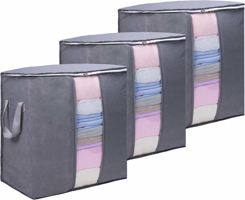 Storage & Organization |  3 Pack Foldable Large Clothes Storage Bag Organizer For Comforters, Blankets, Bedding, Collapsible Thick Fabric Under Bed Storage With Reinforced Handles, Sturdy Zipper And Clear Window (65L, Gray) Home Decor & Cleaning Gray vertical