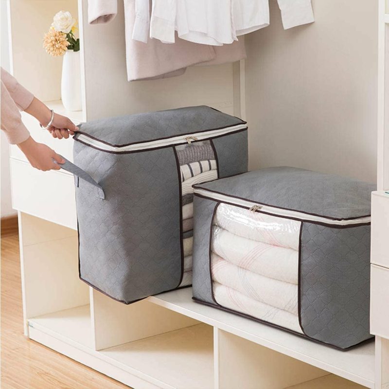 Storage & Organization |  3 Pack Foldable Large Clothes Storage Bag Organizer For Comforters, Blankets, Bedding, Collapsible Thick Fabric Under Bed Storage With Reinforced Handles, Sturdy Zipper And Clear Window (65L, Gray) Home Decor & Cleaning Gray vertical