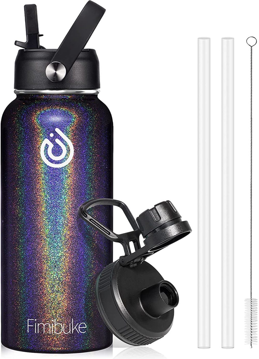 Storage & Organization |  32 Oz Insulated Water Bottle, Bpa-Free Metal Water Bottle With 2 Lids(Straw Lid+Spout Lid) Sweat-Free & Leak Proof 18/8 Stainless Steel Double Wall Vacuum Hot/Cold Water Bottle For Men Home Decor & Cleaning A3:Glitter Shiny Black